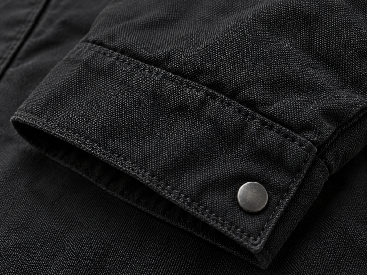 Close-up of garment fabric, stitching and woven label